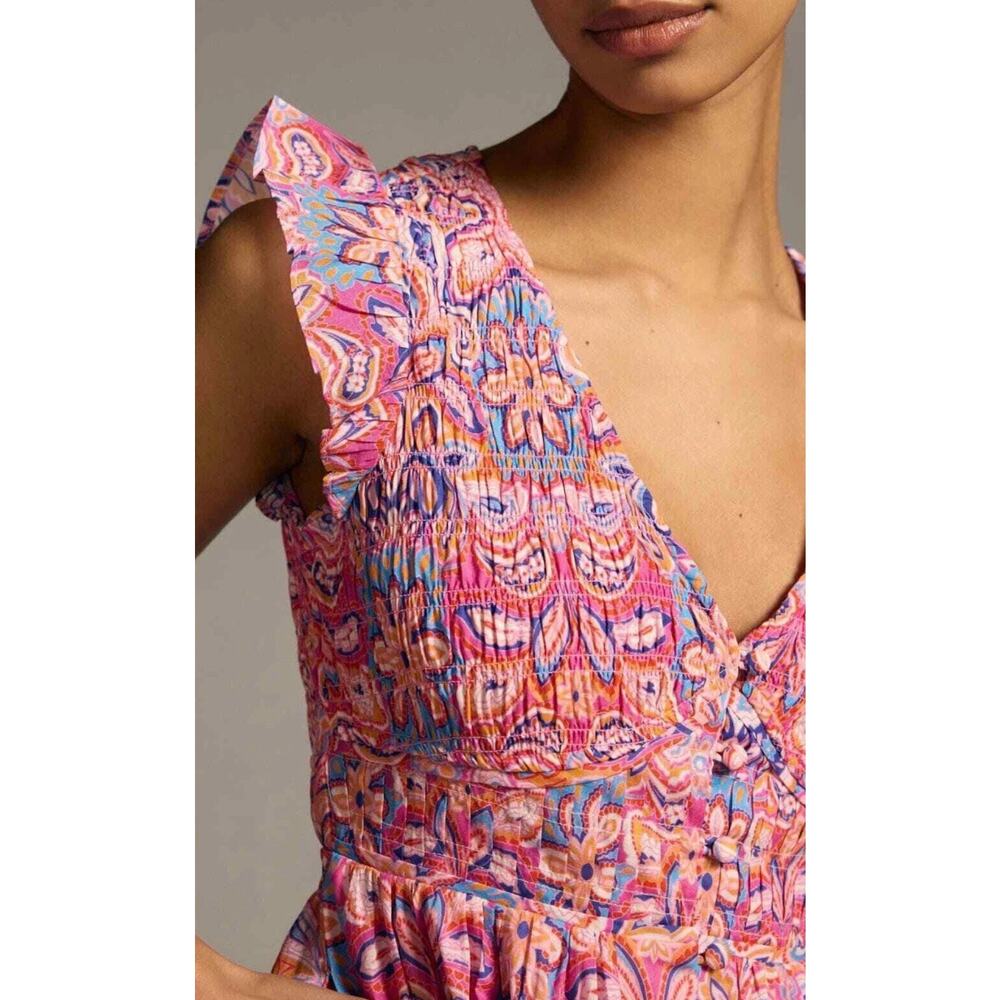 Anthropologie Pink Boho Floral Mini Dress Ruffle Sleeve Babydoll Resort Summer L - Picture 5 of 10